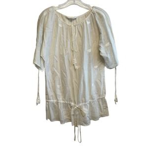 Jill Stuart White Sheer Heart Embroidery Blouse Top Size Small Tassel Drawstring